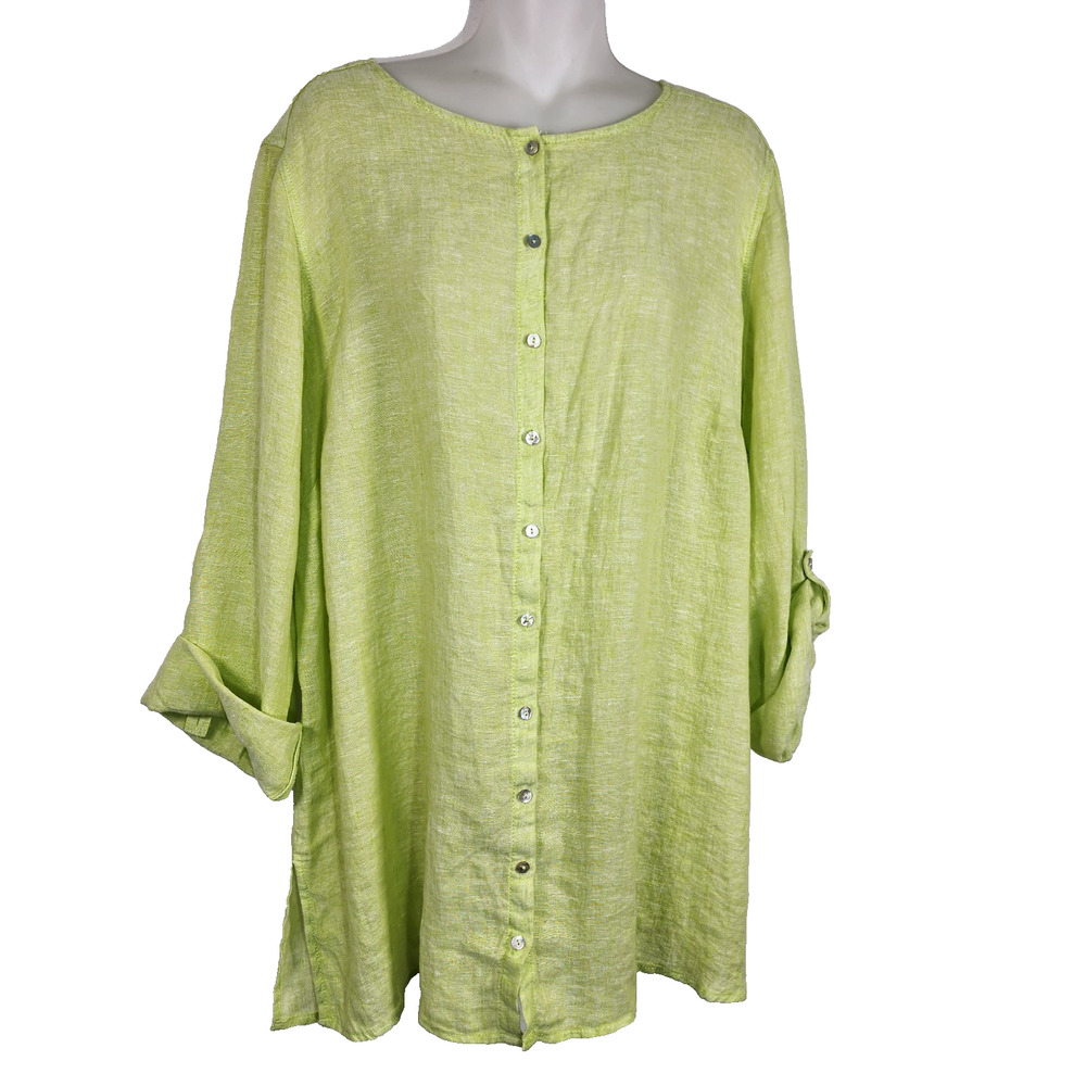 Tahari Womens 100% Linen Tunic Top 1X Roll Tab Sleeve Button Front Coastal Beach